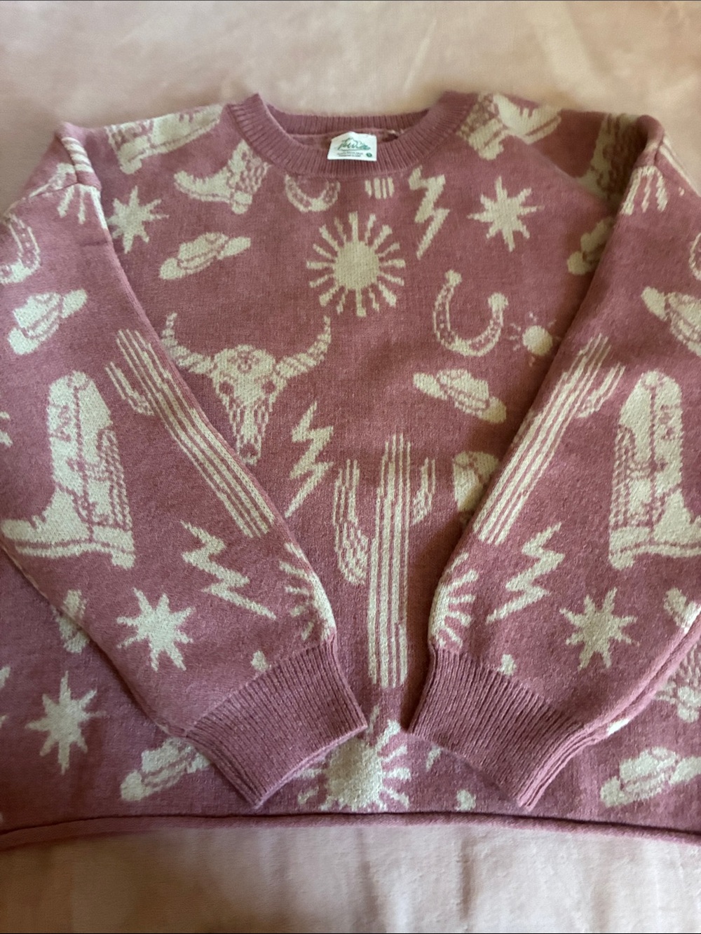 Nwot Western Graphic Oversized Knit Sweater Top …Ptp 21 1/2 length 23”